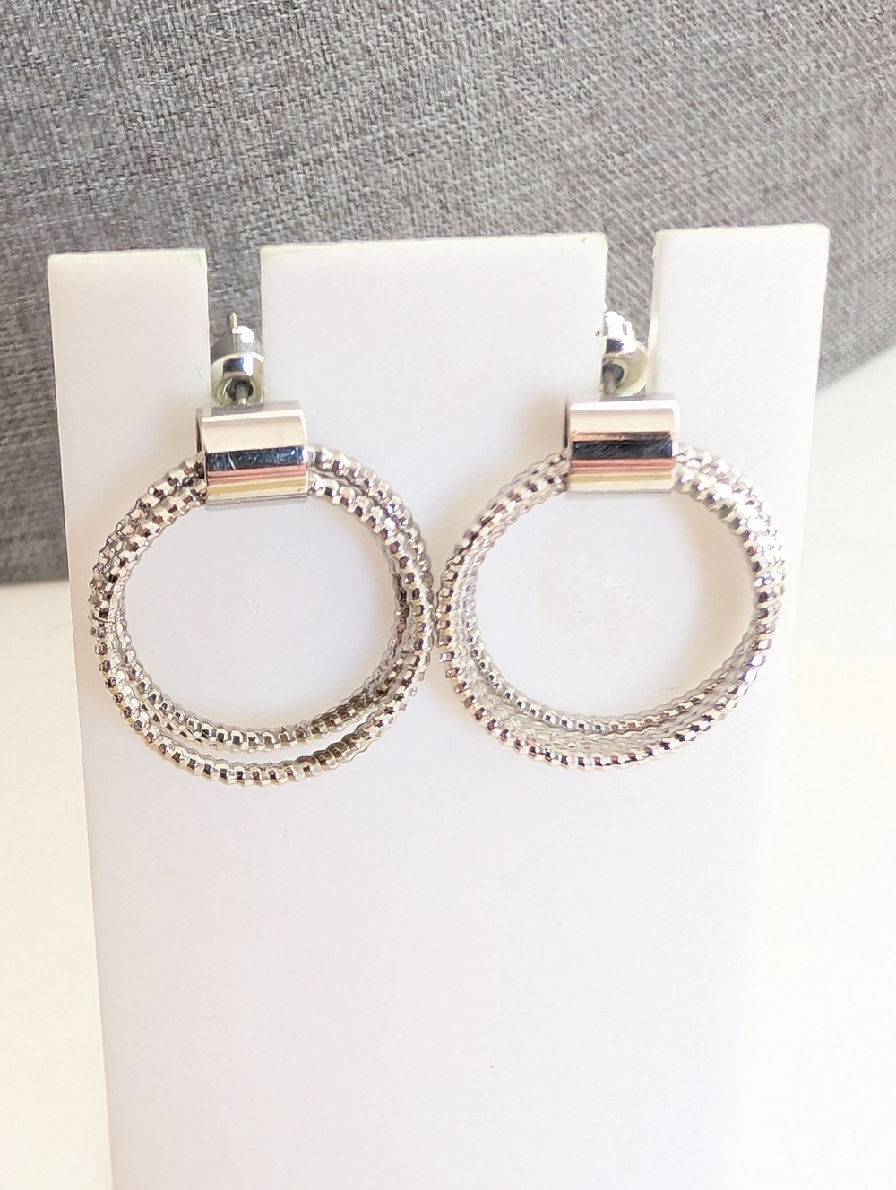 Trendy Silver Tone Modernist Geometric Circles Post Dangle Earrings